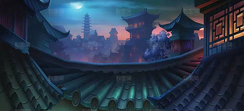 中国风国潮中式古风场景华灯繁华夜市背景