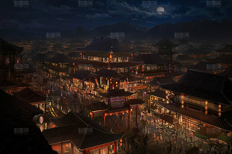中国风国潮中式古风场景华灯繁华夜市背景