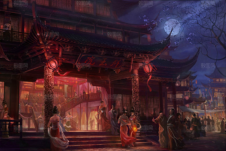 中国风国潮中式古风场景华灯繁华夜市背景
