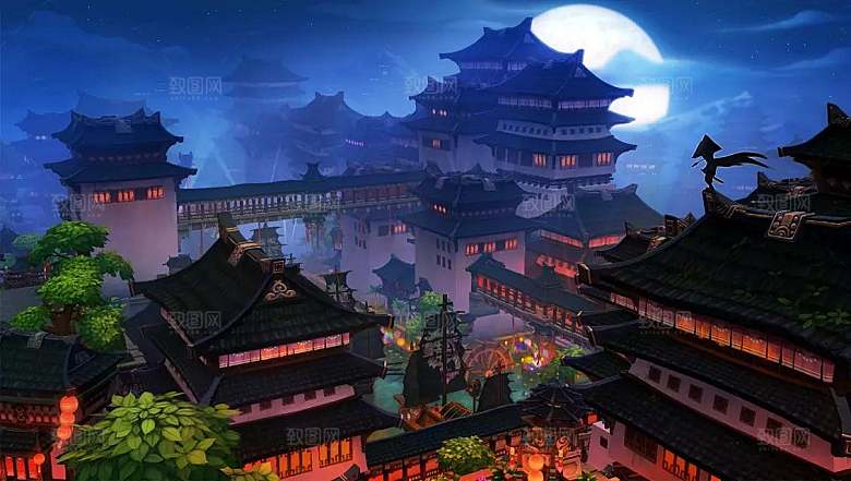 中国风国潮中式古风场景华灯繁华夜市背景