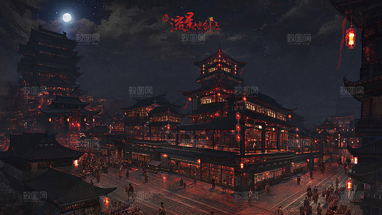 中国风国潮中式古风场景华灯繁华夜市背景