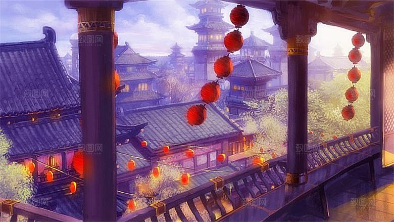 中国风国潮中式古风场景华灯繁华夜市背景