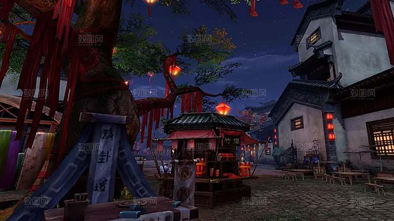 中国风国潮中式古风场景华灯繁华夜市背景