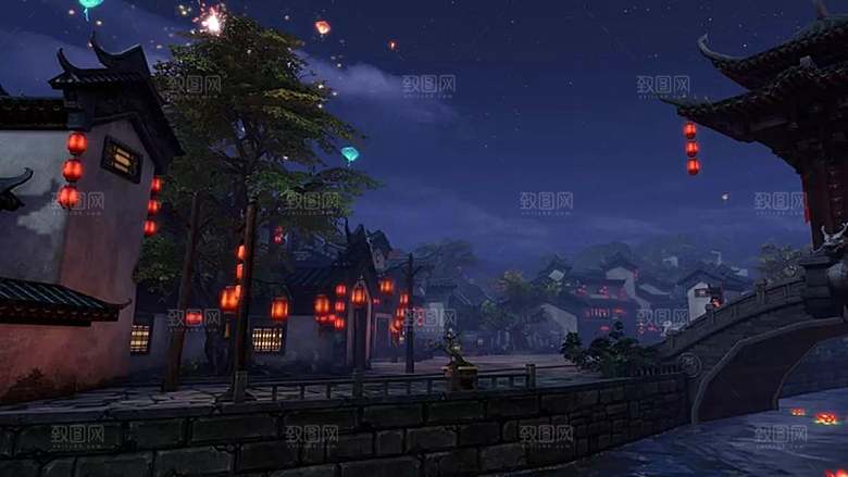 中国风国潮中式古风场景华灯繁华夜市背景