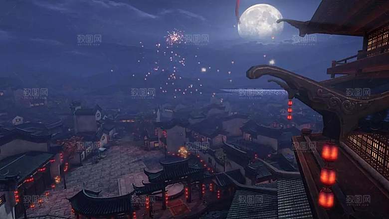 中国风国潮中式古风场景华灯繁华夜市背景