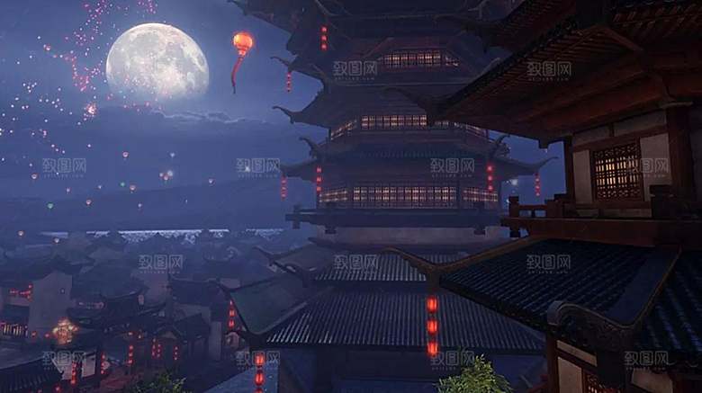 中国风国潮中式古风场景华灯繁华夜市背景