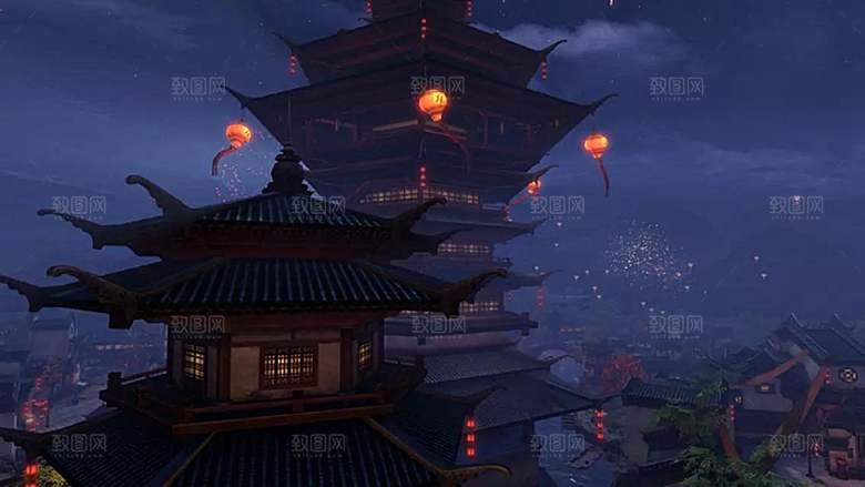 中国风国潮中式古风场景华灯繁华夜市背景