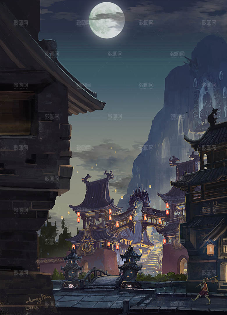 中国风国潮中式古风场景华灯繁华夜市背景