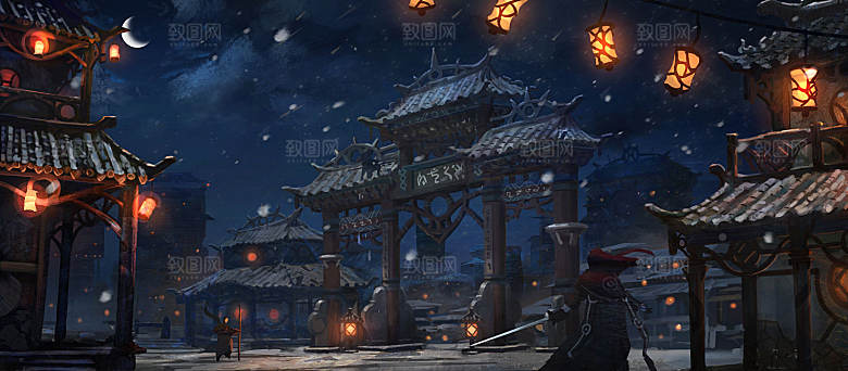 中国风国潮中式古风场景华灯繁华夜市背景