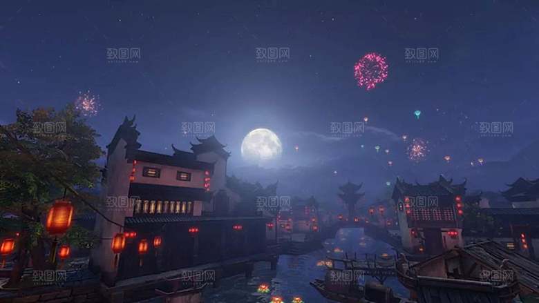 中国风国潮中式古风场景华灯繁华夜市背景