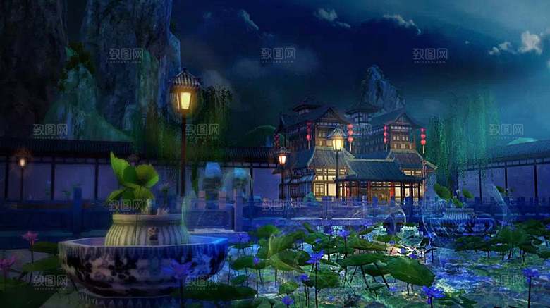 中国风国潮中式古风场景华灯繁华夜市背景