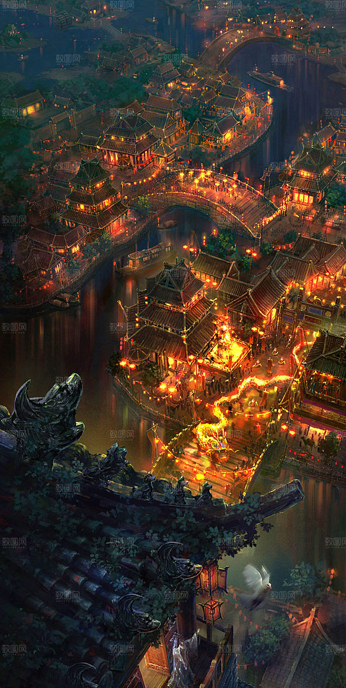 中国风国潮中式古风场景华灯繁华夜市背景