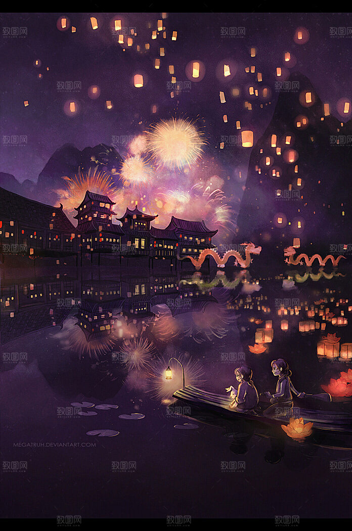 中国风国潮中式古风场景华灯繁华夜市背景