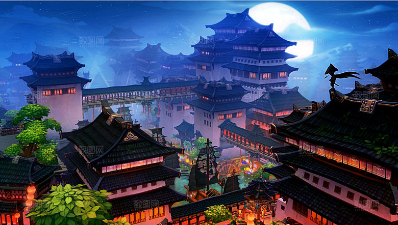 中国风国潮中式古风场景华灯繁华夜市背景