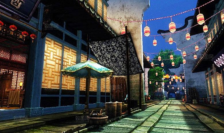 中国风国潮中式古风场景华灯繁华夜市背景