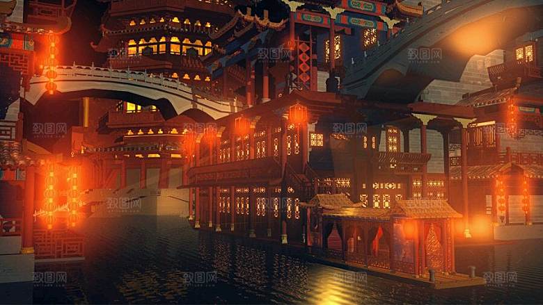 中国风国潮中式古风场景华灯繁华夜市背景