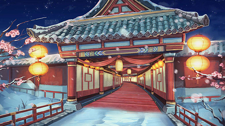 中国风国潮中式古风场景华灯繁华夜市背景