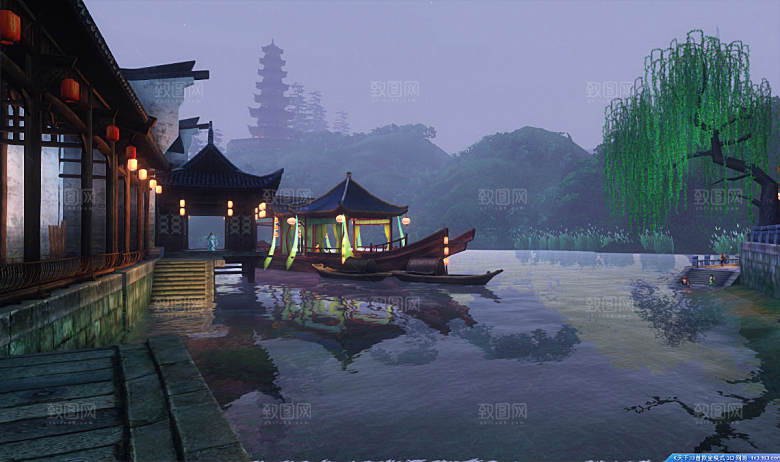 中国风国潮中式古风场景华灯繁华夜市背景