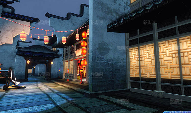 中国风国潮中式古风场景华灯繁华夜市背景