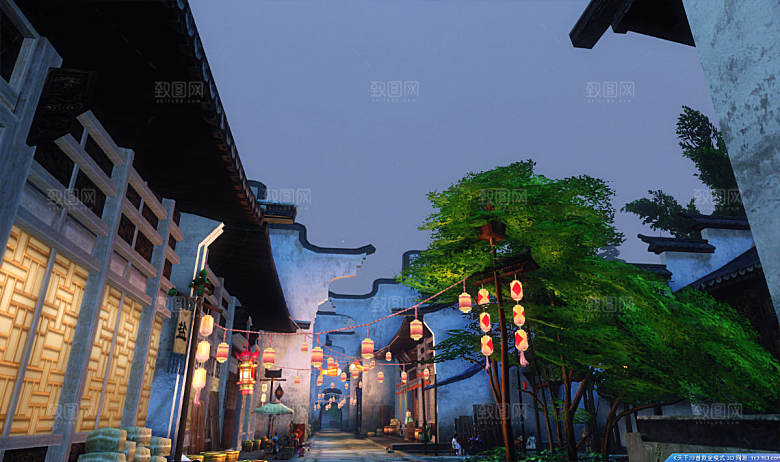中国风国潮中式古风场景华灯繁华夜市背景