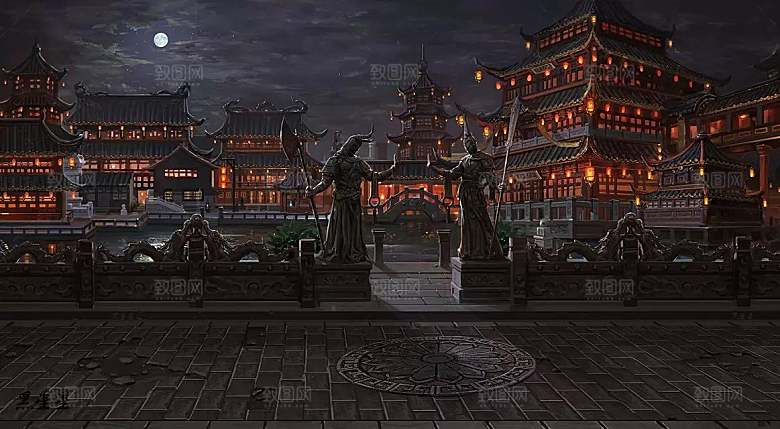中国风国潮中式古风场景华灯繁华夜市背景