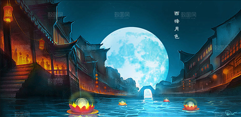 中国风国潮中式古风场景华灯繁华夜市背景