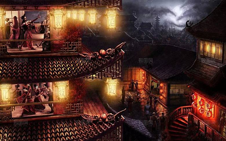 中国风国潮中式古风场景华灯繁华夜市背景