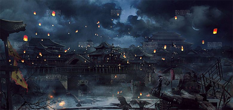 中国风国潮中式古风场景华灯繁华夜市背景