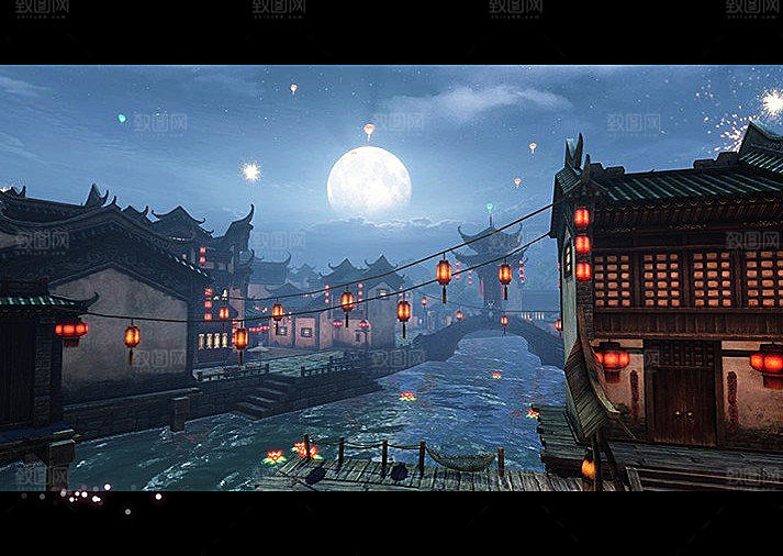 中国风国潮中式古风场景华灯繁华夜市背景