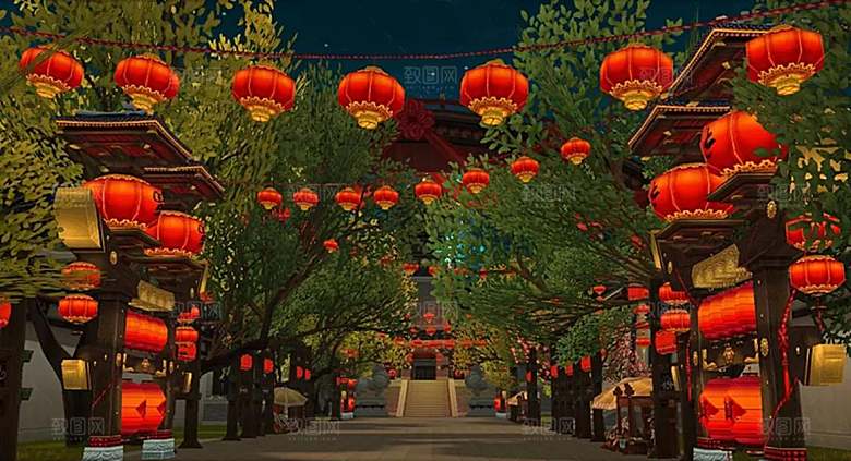 中国风国潮中式古风场景华灯繁华夜市背景