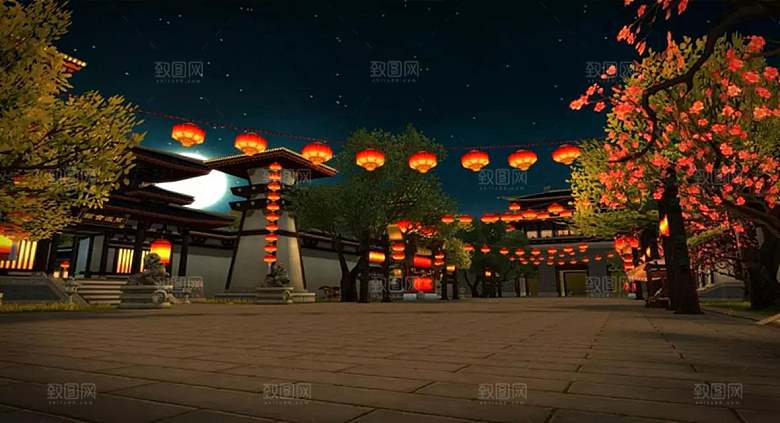 中国风国潮中式古风场景华灯繁华夜市背景