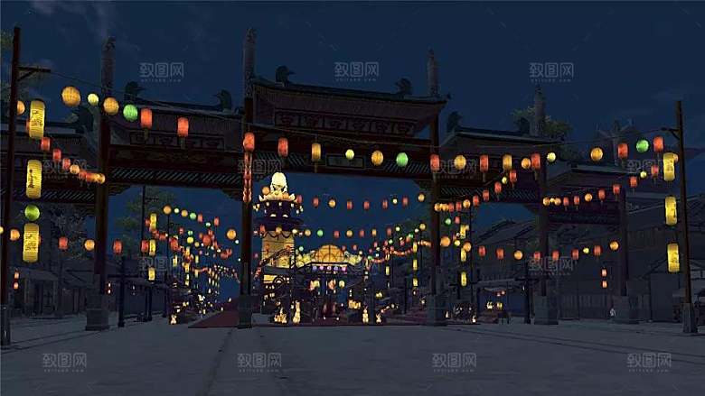 中国风国潮中式古风场景华灯繁华夜市背景