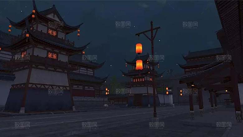 中国风国潮中式古风场景华灯繁华夜市背景