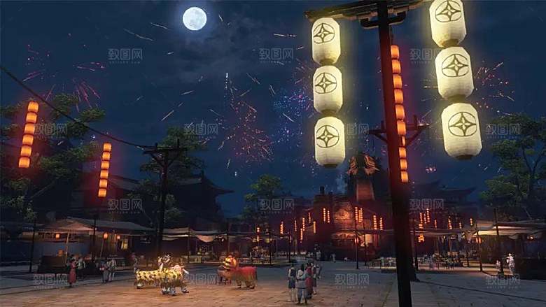 中国风国潮中式古风场景华灯繁华夜市背景