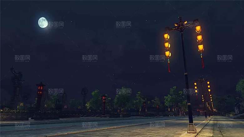 中国风国潮中式古风场景华灯繁华夜市背景