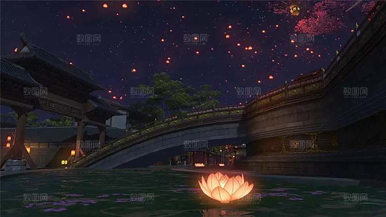 中国风国潮中式古风场景华灯繁华夜市背景