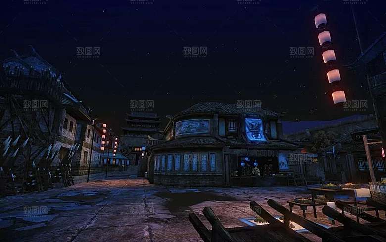 中国风国潮中式古风场景华灯繁华夜市背景