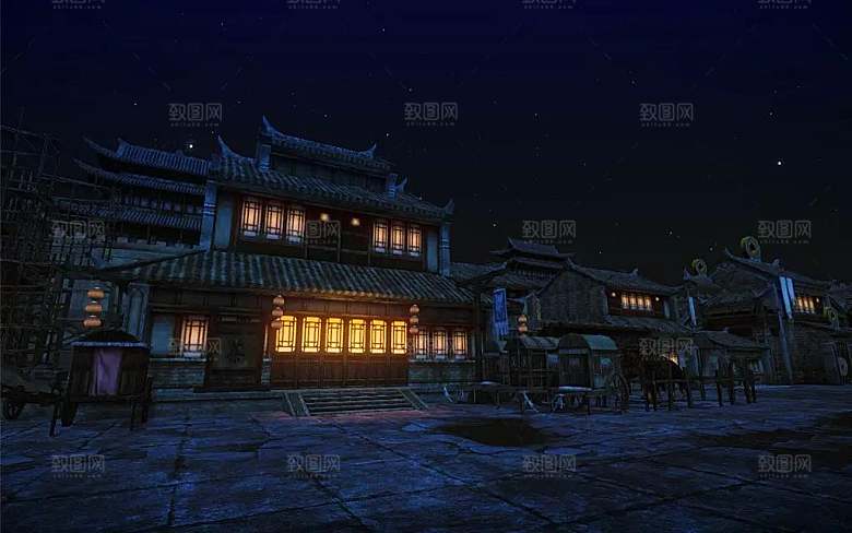 中国风国潮中式古风场景华灯繁华夜市背景