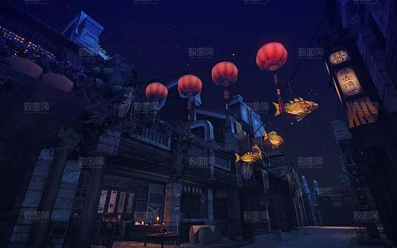 中国风国潮中式古风场景华灯繁华夜市背景