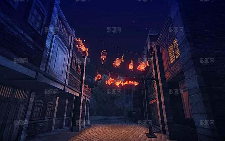 中国风国潮中式古风场景华灯繁华夜市背景