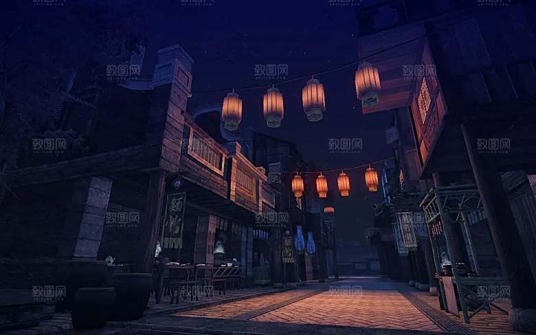 中国风国潮中式古风场景华灯繁华夜市背景
