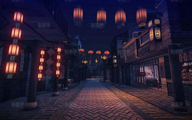 中国风国潮中式古风场景华灯繁华夜市背景