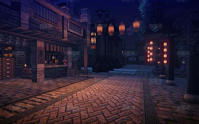 中国风国潮中式古风场景华灯繁华夜市背景