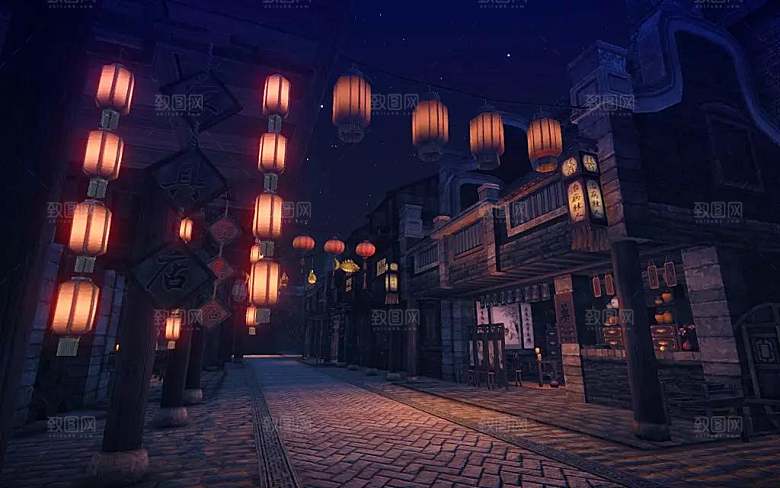 中国风国潮中式古风场景华灯繁华夜市背景