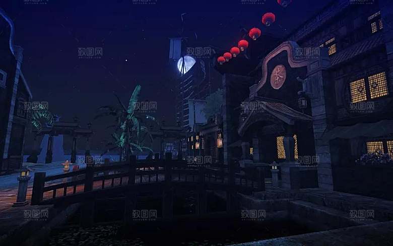 中国风国潮中式古风场景华灯繁华夜市背景