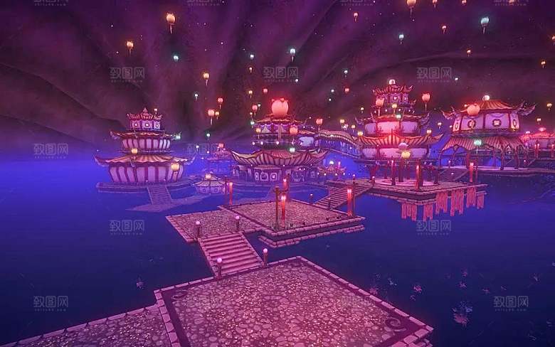 中国风国潮中式古风场景华灯繁华夜市背景