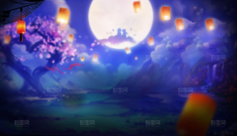 中国风国潮中式古风场景华灯繁华夜市背景