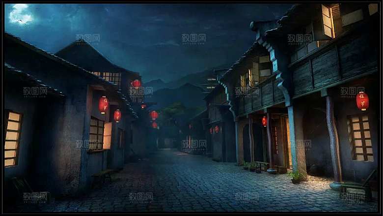 中国风国潮中式古风场景华灯繁华夜市背景