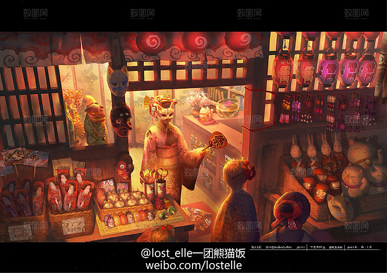 中国风国潮中式古风场景华灯繁华夜市背景