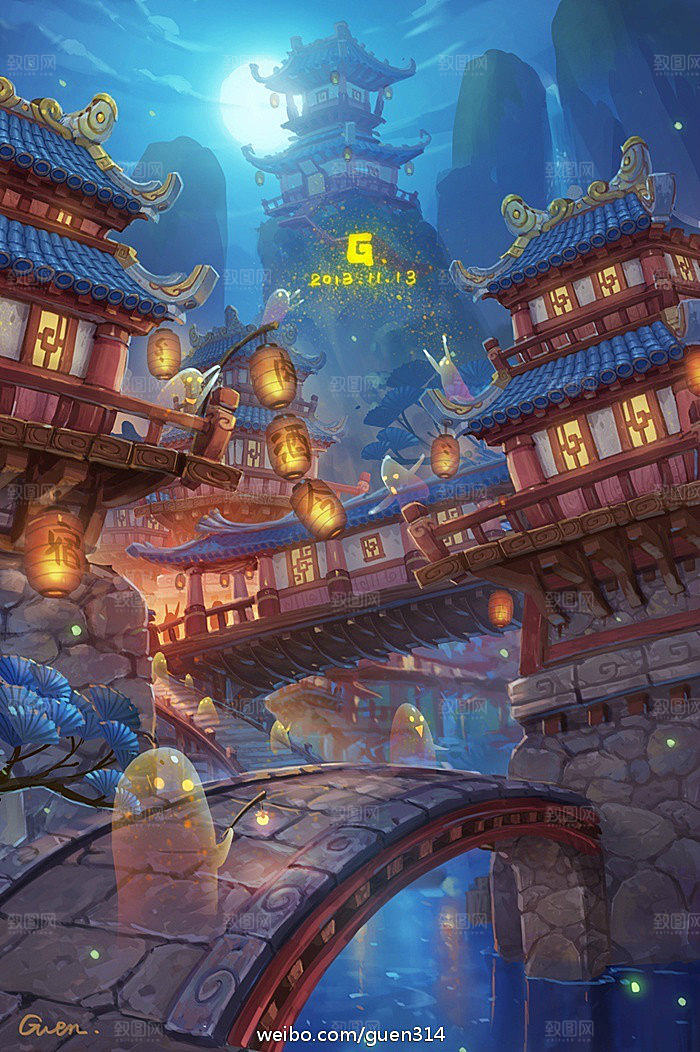 中国风国潮中式古风场景华灯繁华夜市背景